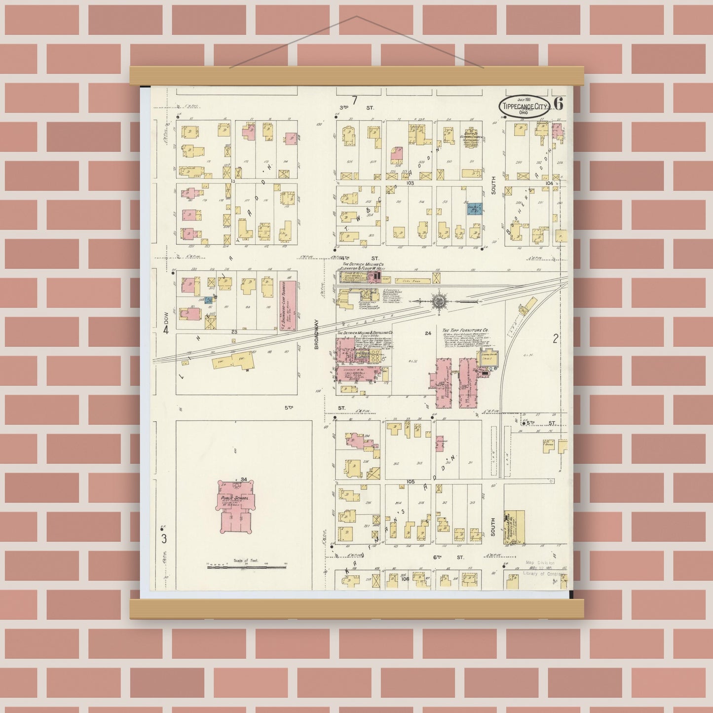 Old map wall art mockup — magnetic wood frame on brick wall — Sanborn Fire Insurance Map from Tipp City, Miami County, Ohio (1911), Sheet #0006