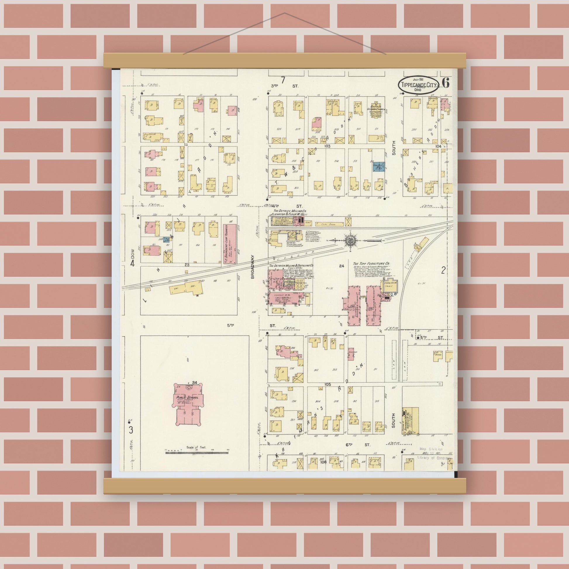 Old map wall art mockup — magnetic wood frame on brick wall — Sanborn Fire Insurance Map from Tipp City, Miami County, Ohio (1911), Sheet #0006