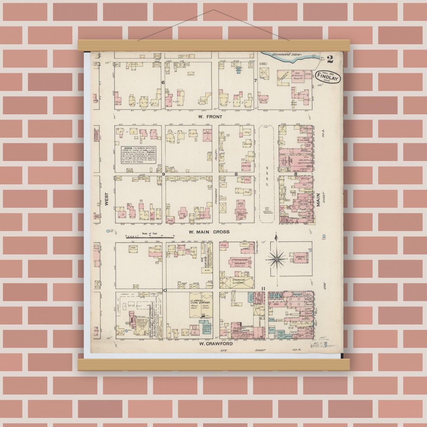 Old map wall art mockup — magnetic wood frame on brick wall — Sanborn Fire Insurance Map from Findlay, Hancock County, Ohio (1884), Sheet #0002