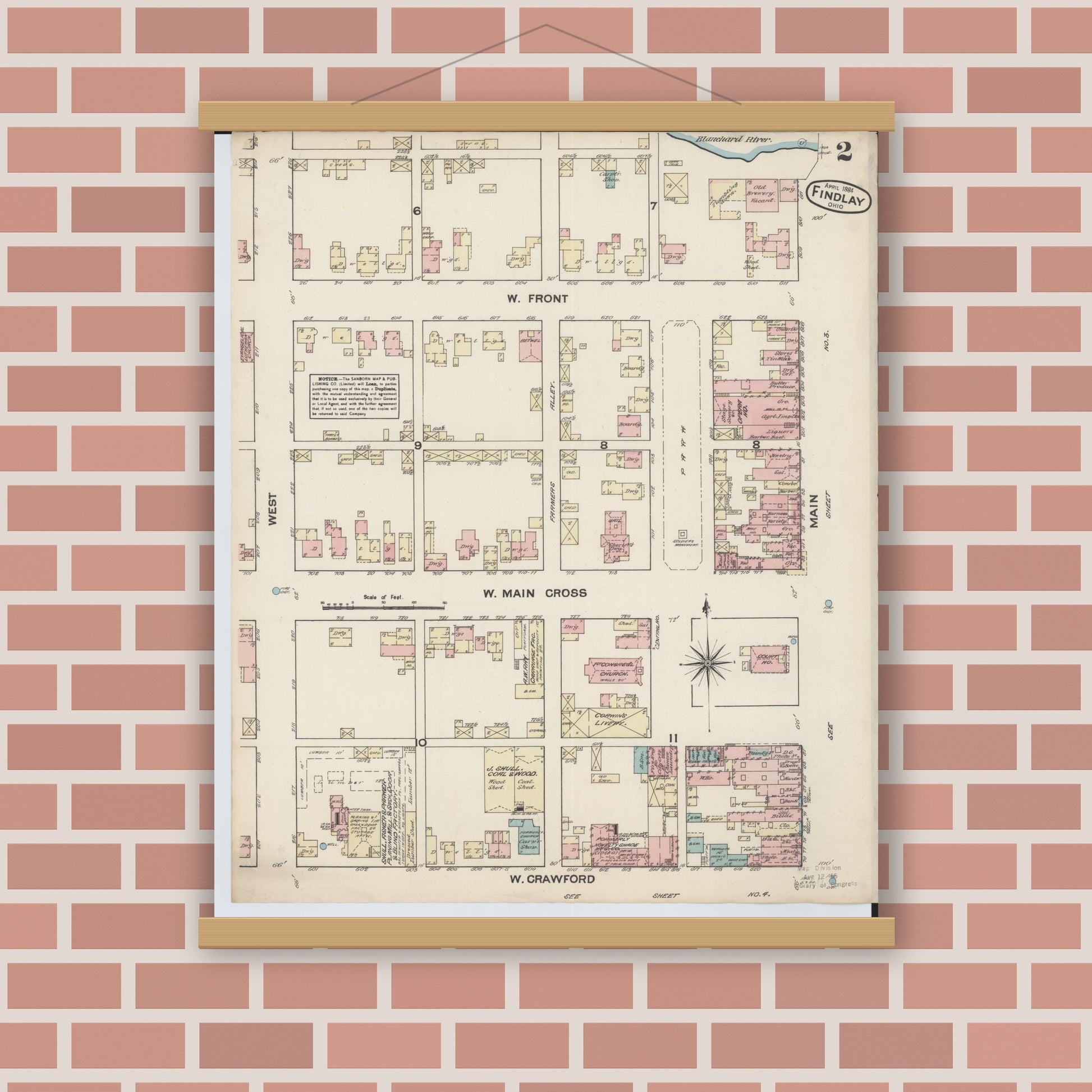 Old map wall art mockup — magnetic wood frame on brick wall — Sanborn Fire Insurance Map from Findlay, Hancock County, Ohio (1884), Sheet #0002