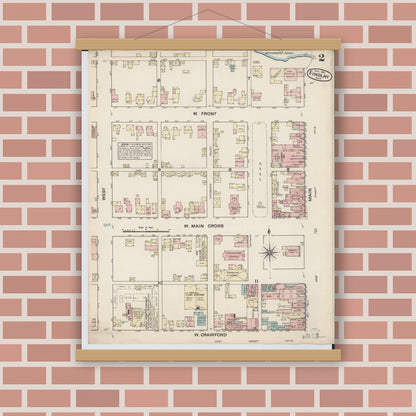 Old map wall art mockup — magnetic wood frame on brick wall — Sanborn Fire Insurance Map from Findlay, Hancock County, Ohio (1884), Sheet #0002