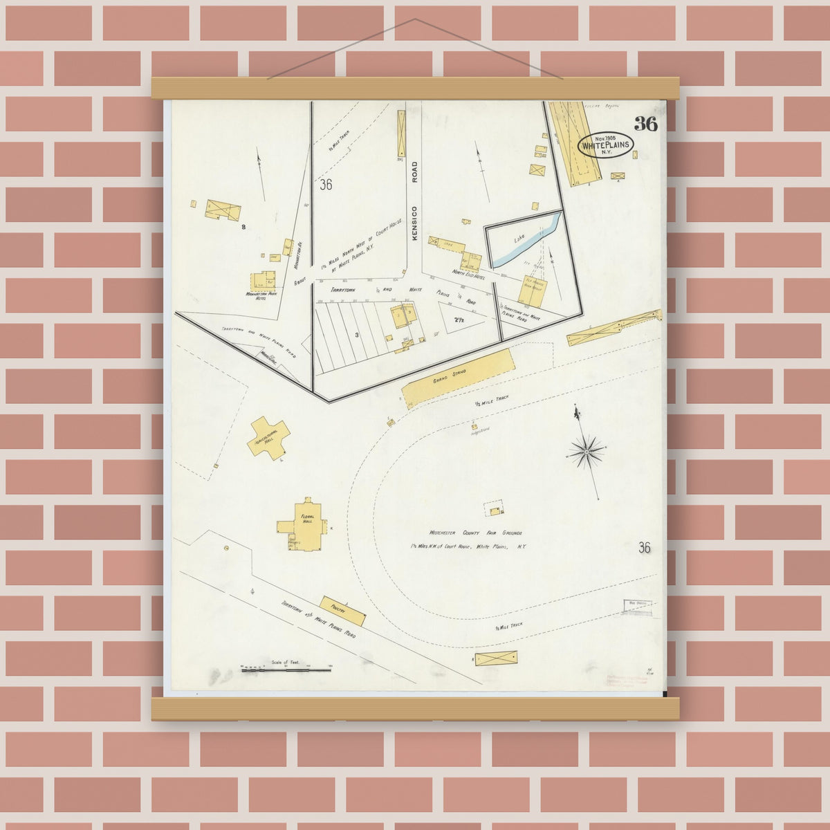 Old map wall art mockup — magnetic wood frame on brick wall — Sanborn Fire Insurance Map from White Plains, Westchester County, New York (1905), Sheet #0036