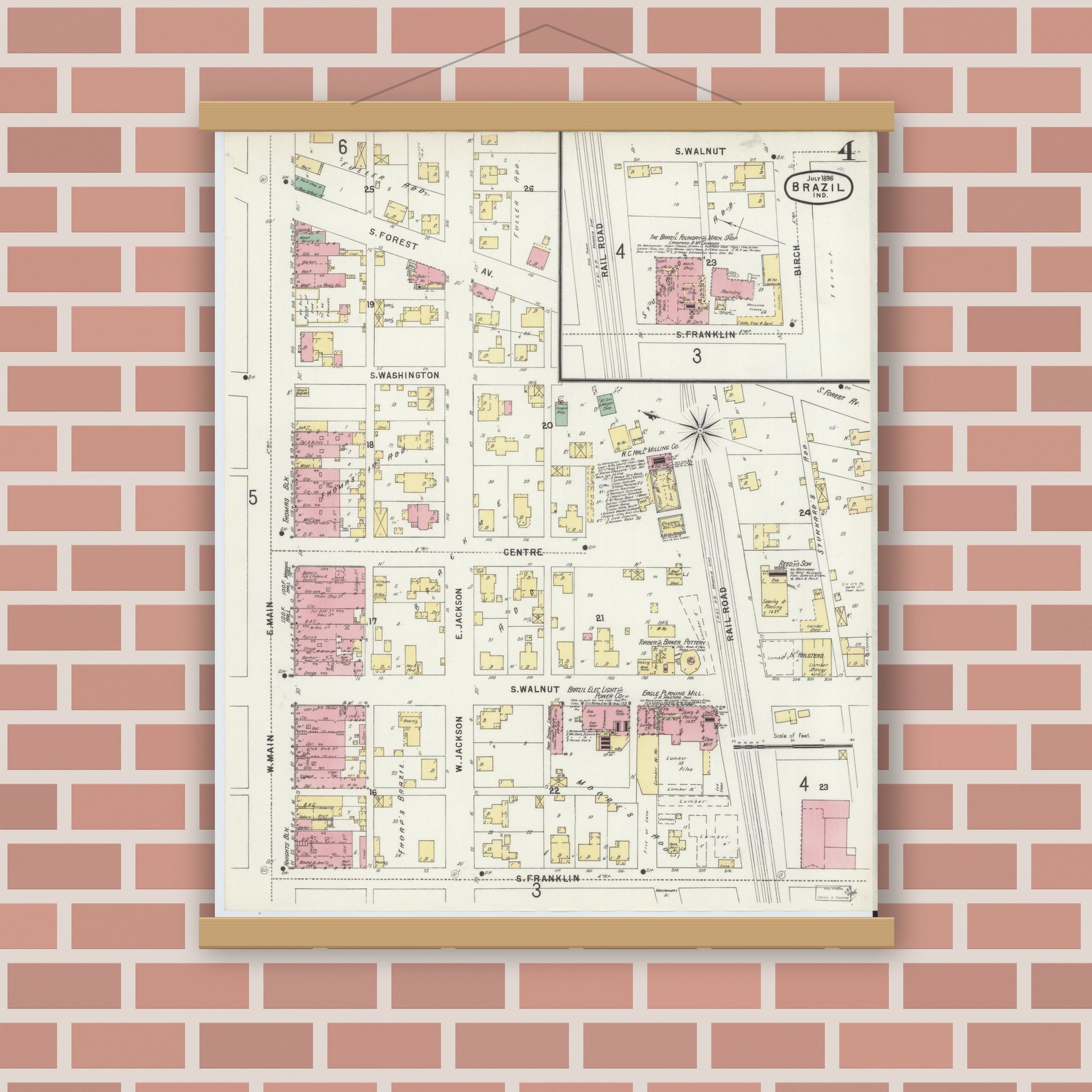 Old map wall art mockup — magnetic wood frame on brick wall — Sanborn Fire Insurance Map from Brazil, Clay County, Indiana (1896), Sheet #0004