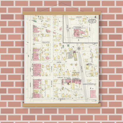 Old map wall art mockup — magnetic wood frame on brick wall — Sanborn Fire Insurance Map from Brazil, Clay County, Indiana (1896), Sheet #0004