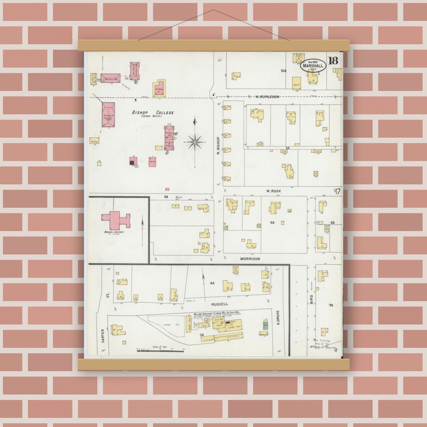 Old map wall art mockup — magnetic wood frame on brick wall — Sanborn Fire Insurance Map from Marshall, Harrison County, Texas (1899), Sheet #0018