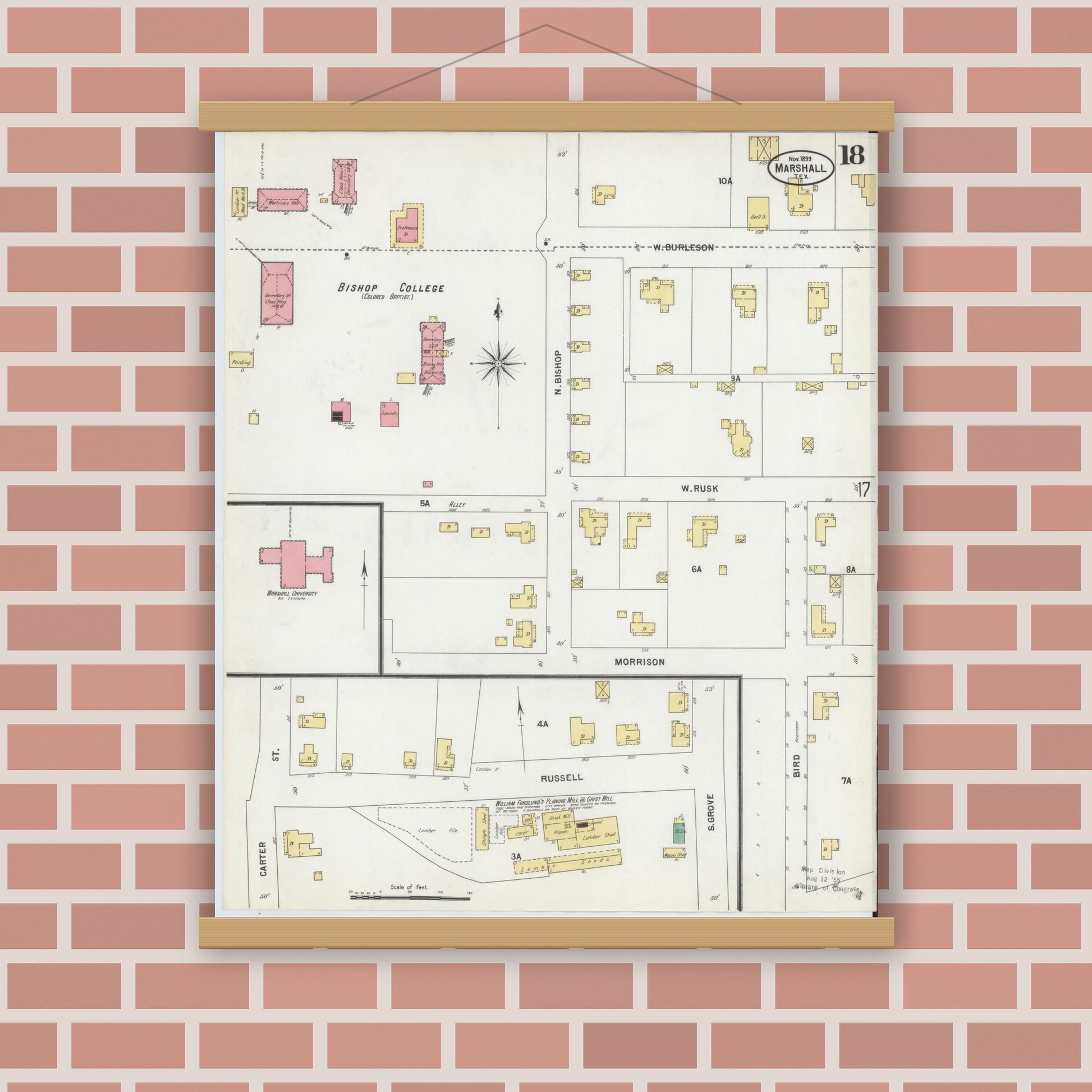 Old map wall art mockup — magnetic wood frame on brick wall — Sanborn Fire Insurance Map from Marshall, Harrison County, Texas (1899), Sheet #0018