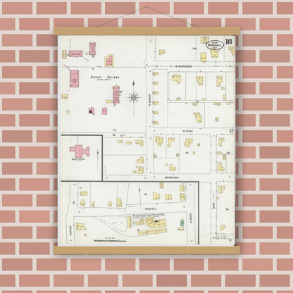 Old map wall art mockup — magnetic wood frame on brick wall — Sanborn Fire Insurance Map from Marshall, Harrison County, Texas (1899), Sheet #0018