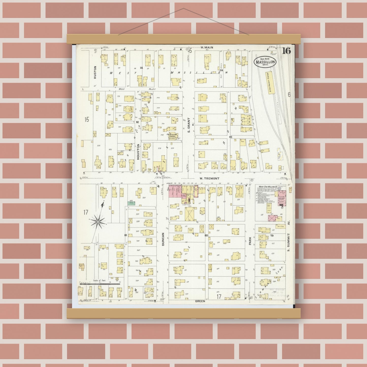 Old map wall art mockup — magnetic wood frame on brick wall — Sanborn Fire Insurance Map from Massillon, Stark County, Ohio (1908), Sheet #0016