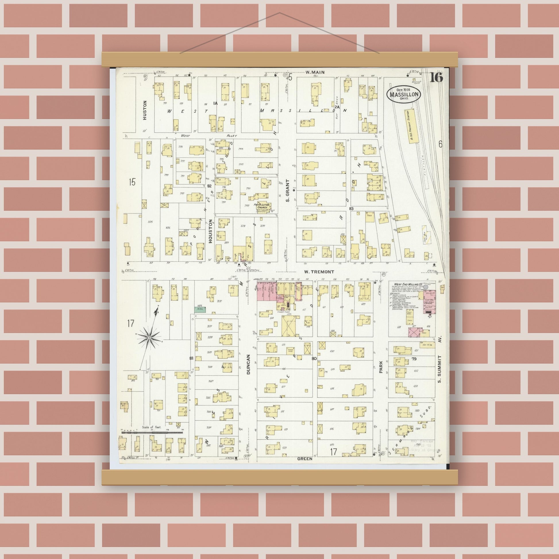 Old map wall art mockup — magnetic wood frame on brick wall — Sanborn Fire Insurance Map from Massillon, Stark County, Ohio (1908), Sheet #0016
