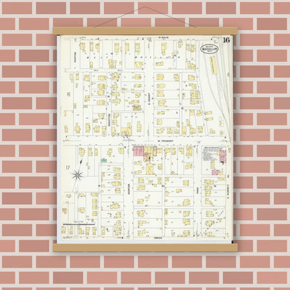 Old map wall art mockup — magnetic wood frame on brick wall — Sanborn Fire Insurance Map from Massillon, Stark County, Ohio (1908), Sheet #0016