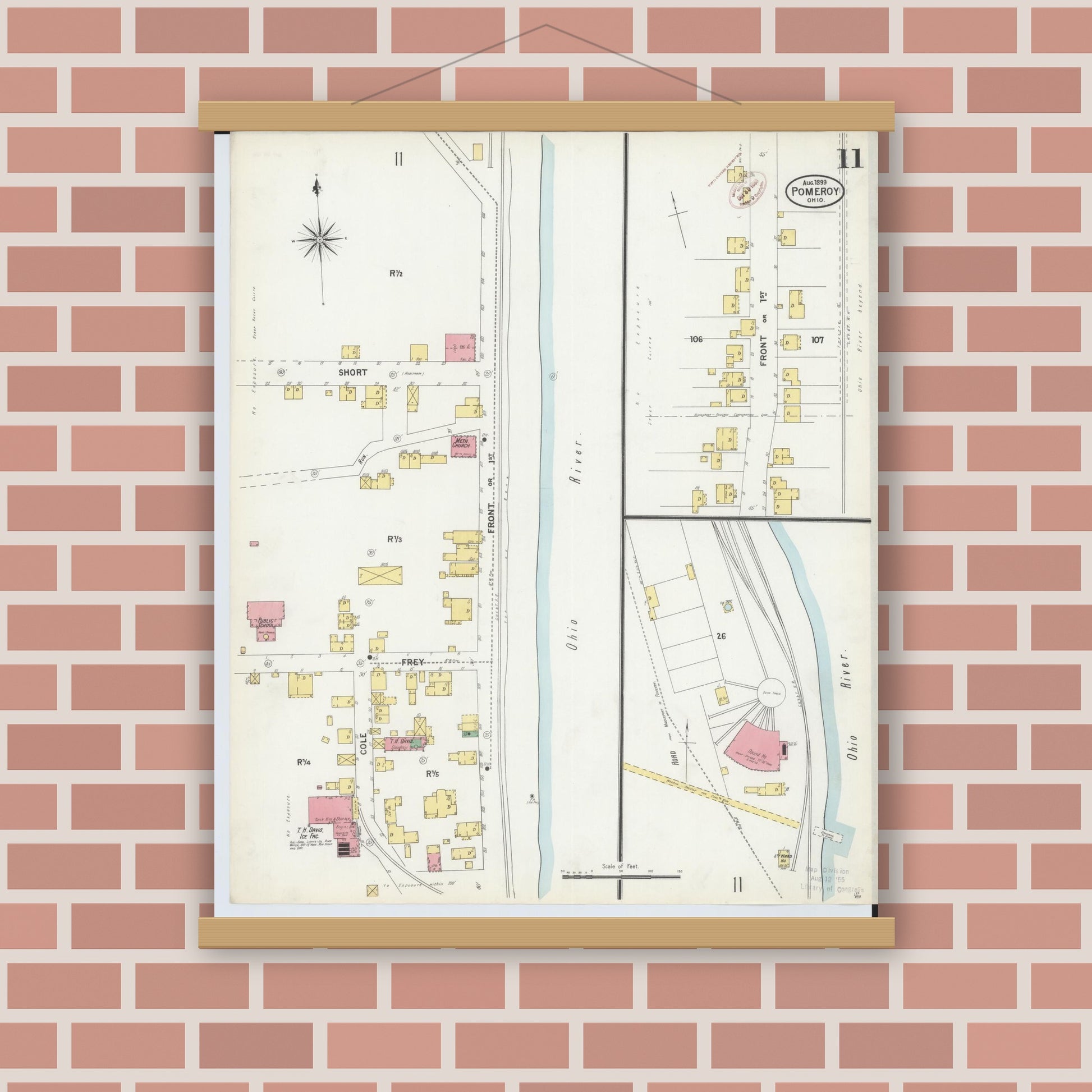 Old map wall art mockup — magnetic wood frame on brick wall — Sanborn Fire Insurance Map from Pomeroy, Meigs County, Ohio (1899), Sheet #0011