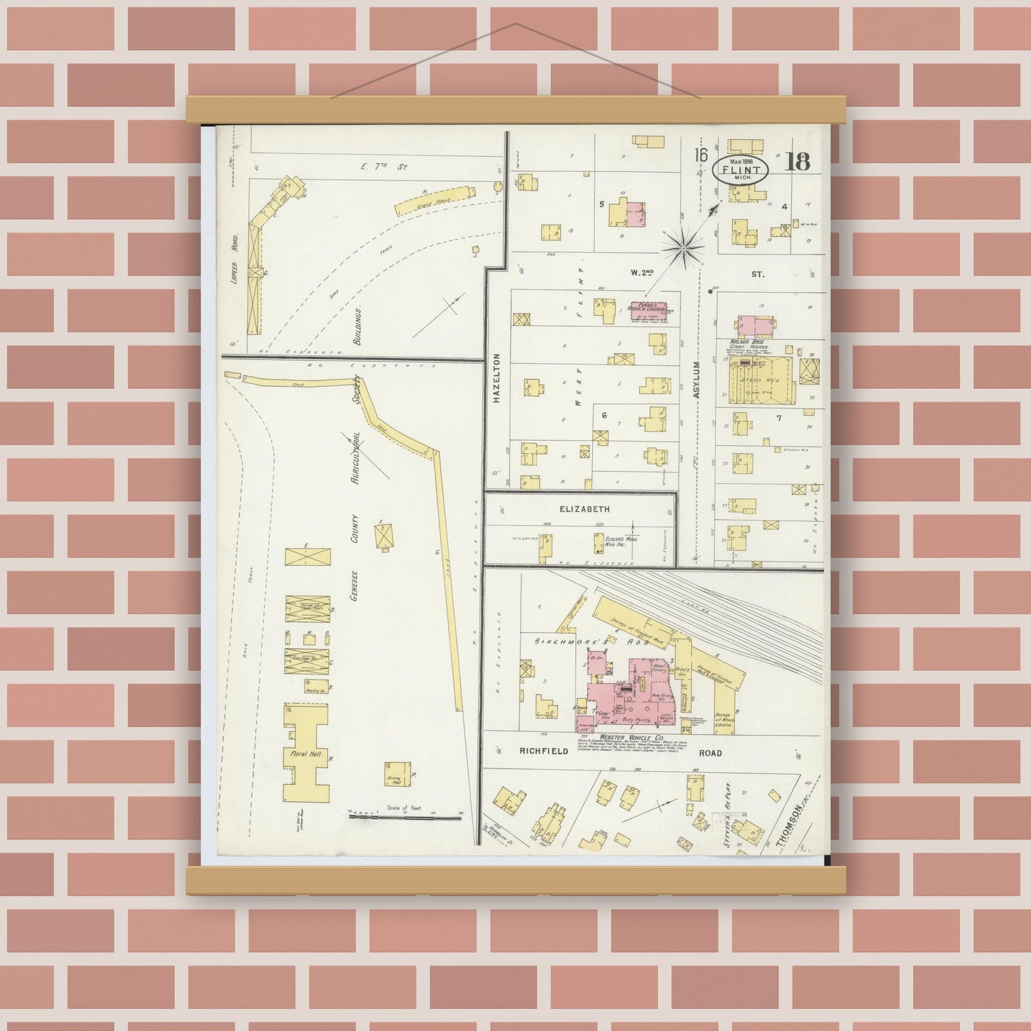 Old map wall art mockup — magnetic wood frame on brick wall — Sanborn Fire Insurance Map from Flint, Genesee County, Michigan (1898), Sheet #0018