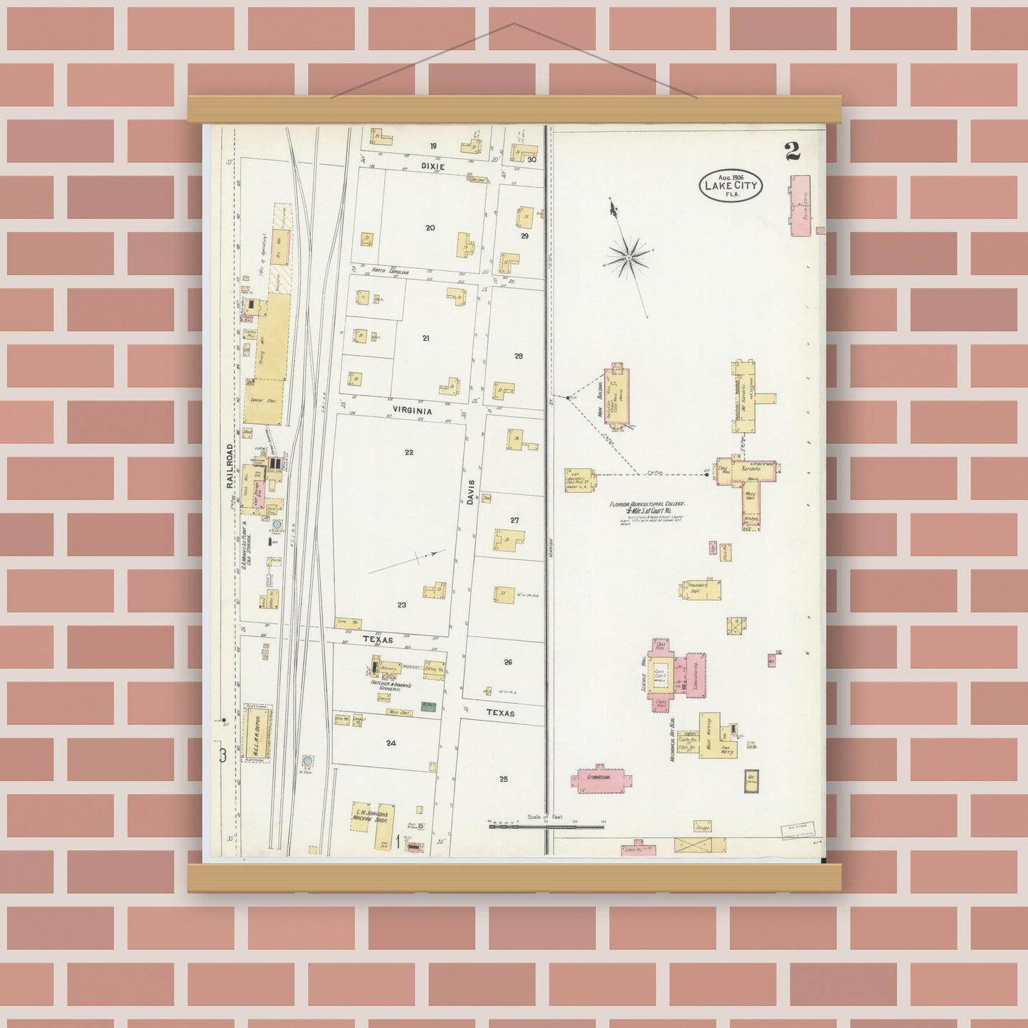 Old map wall art mockup — magnetic wood frame on brick wall — Sanborn Fire Insurance Map from Lake City, Columbia County, Florida (1906), Sheet #0002