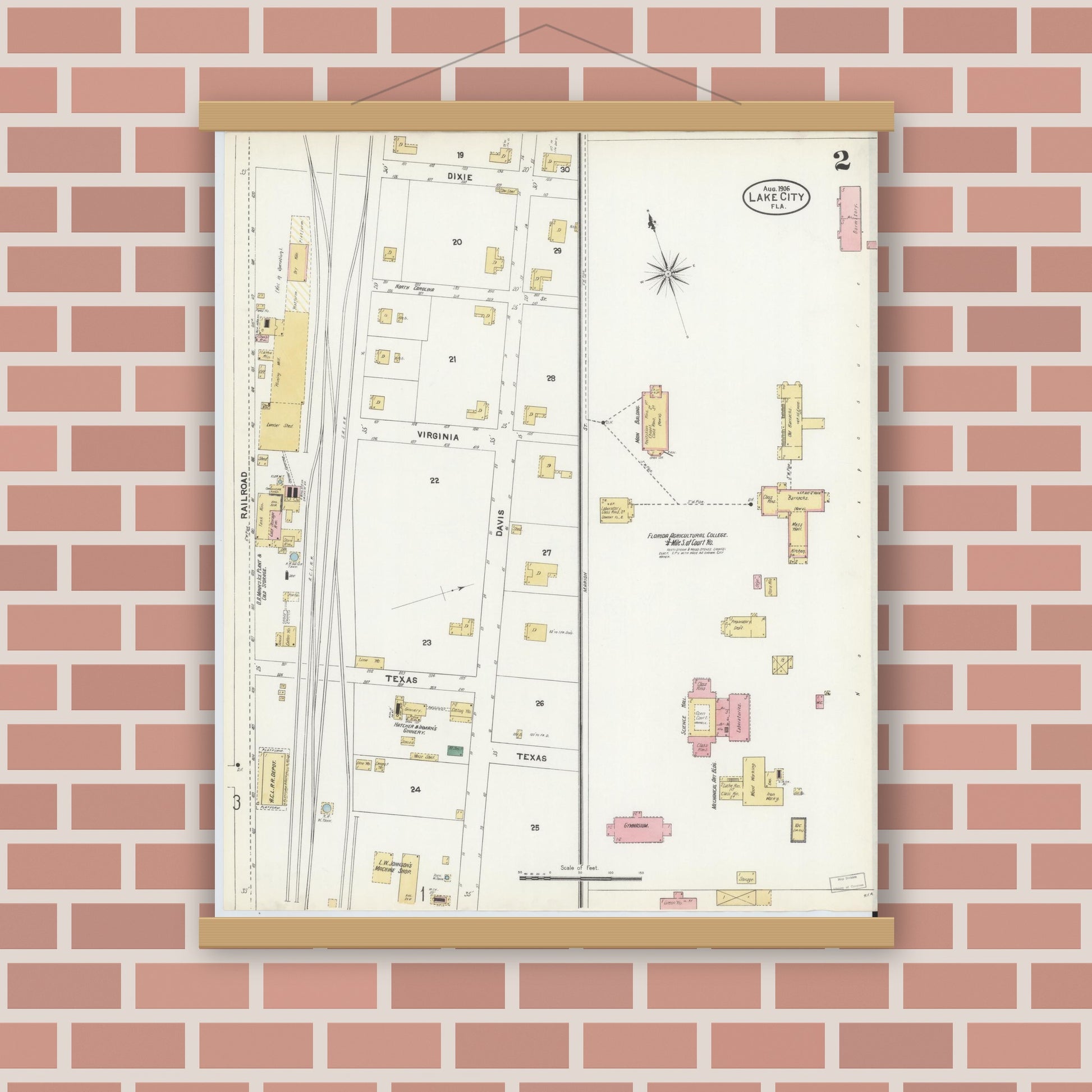 Old map wall art mockup — magnetic wood frame on brick wall — Sanborn Fire Insurance Map from Lake City, Columbia County, Florida (1906), Sheet #0002