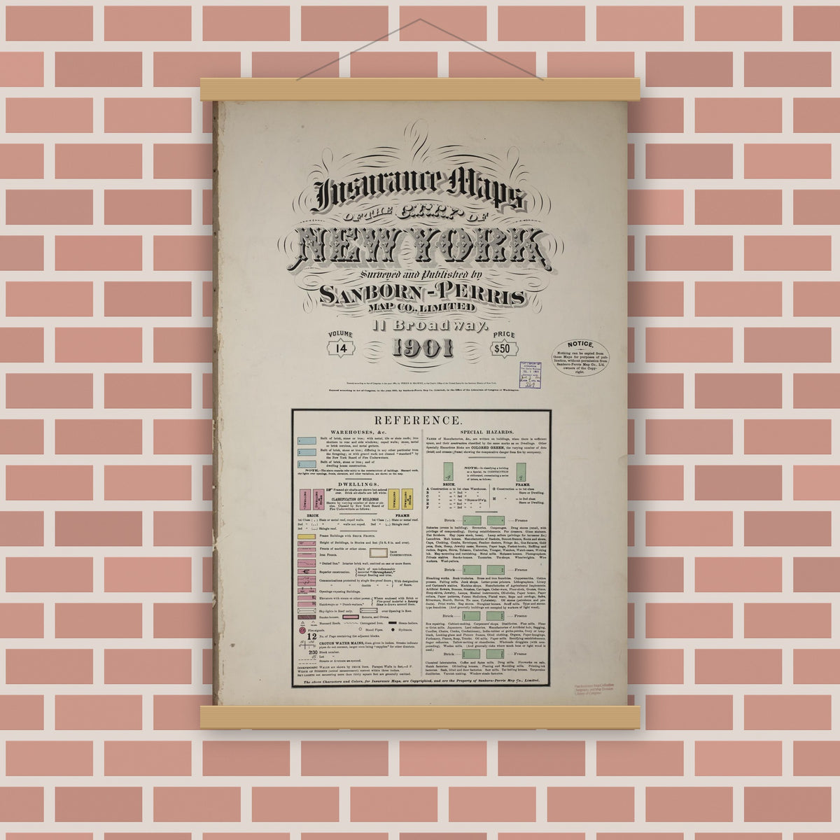 Old map wall art mockup — magnetic wood frame on brick wall — Sanborn Fire Insurance Map from New York, Bronx, Manhattan, New York (1901), Sheet #0001