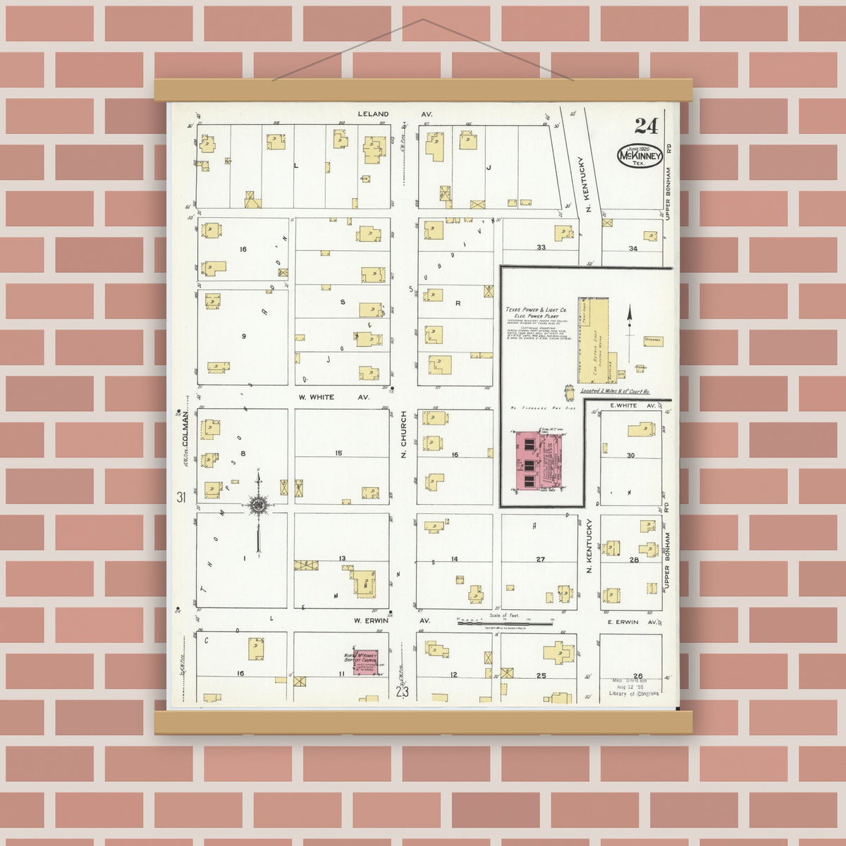 Old map wall art mockup — magnetic wood frame on brick wall — Sanborn Fire Insurance Map from McKinney, Collin County, Texas (1920), Sheet #0024