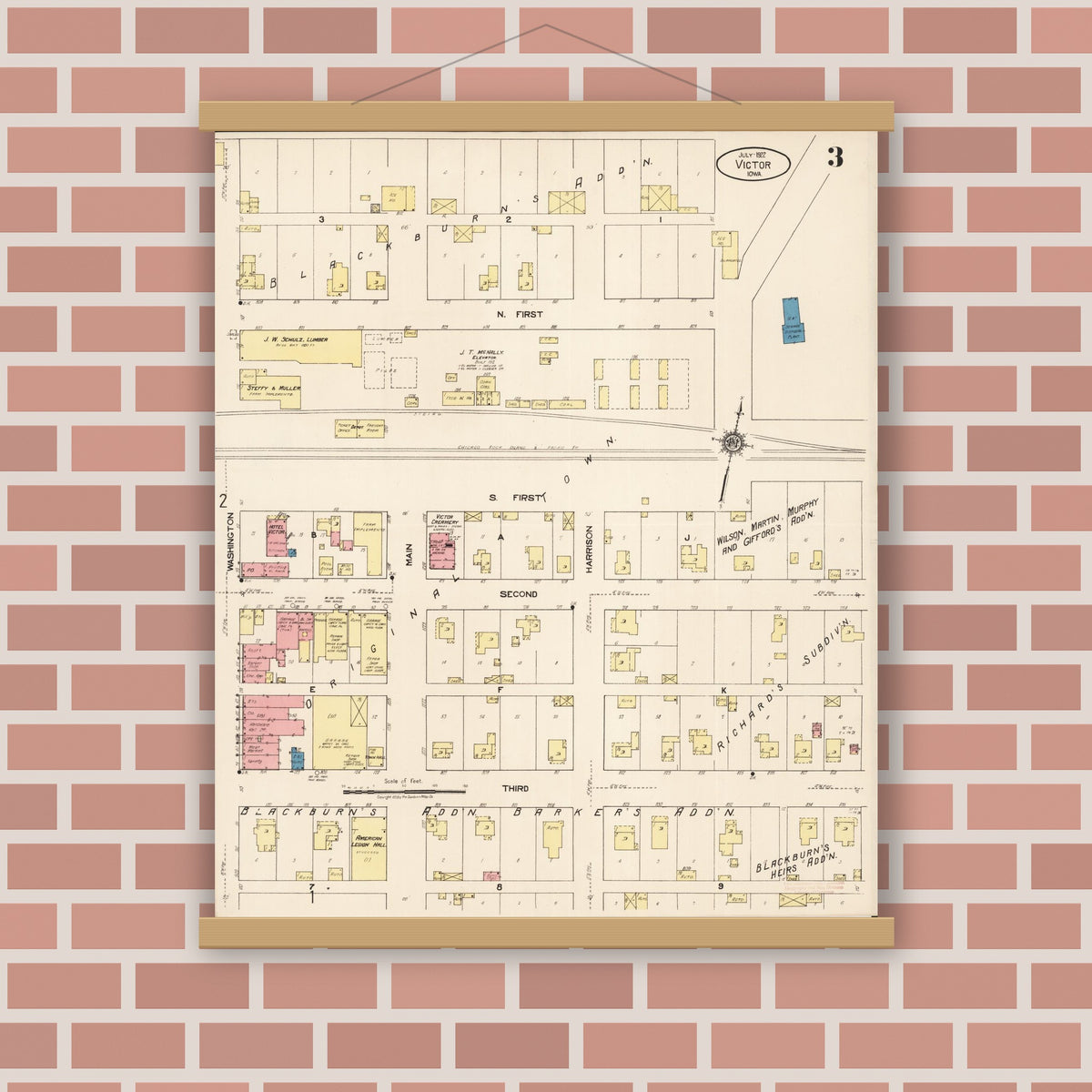 Old map wall art mockup — magnetic wood frame on brick wall — Sanborn Fire Insurance Map from Victor, Iowa County, Iowa (1922), Sheet #0003
