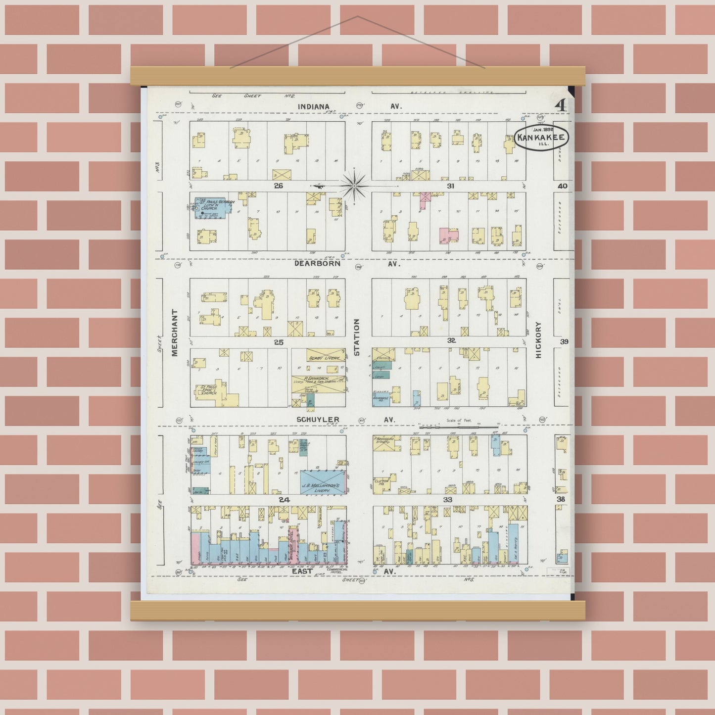 Old map wall art mockup — magnetic wood frame on brick wall — Sanborn Fire Insurance Map from Kankakee, Kankakee County, Illinois (1892), Sheet #0004