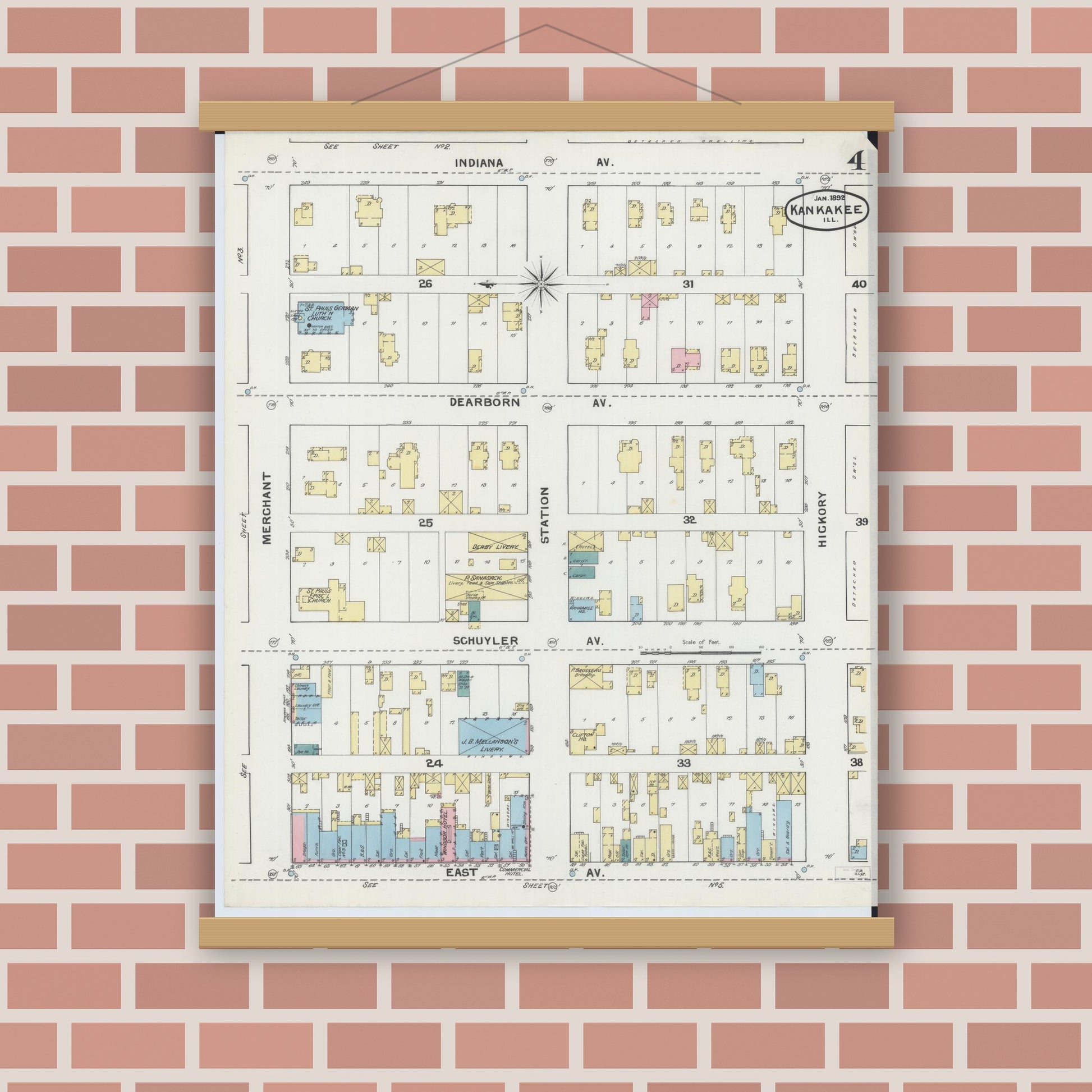 Old map wall art mockup — magnetic wood frame on brick wall — Sanborn Fire Insurance Map from Kankakee, Kankakee County, Illinois (1892), Sheet #0004