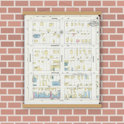 Old map wall art mockup — magnetic wood frame on brick wall — Sanborn Fire Insurance Map from Kankakee, Kankakee County, Illinois (1892), Sheet #0004