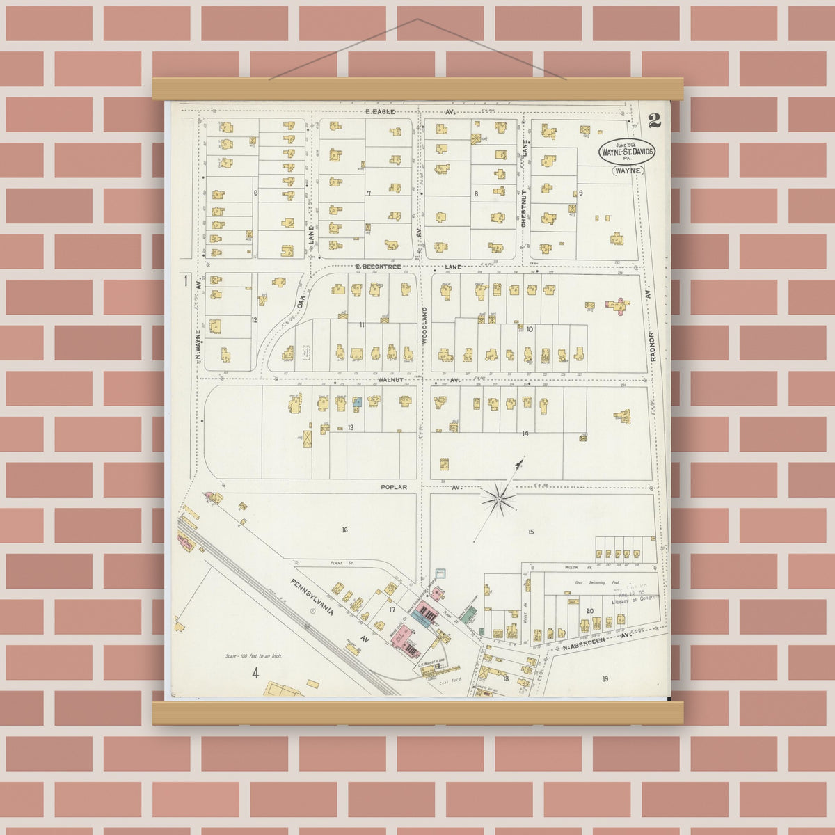 Old map wall art mockup — magnetic wood frame on brick wall — Sanborn Fire Insurance Map from Wayne, Delaware County, Pennsylvania (1902), Sheet #0002