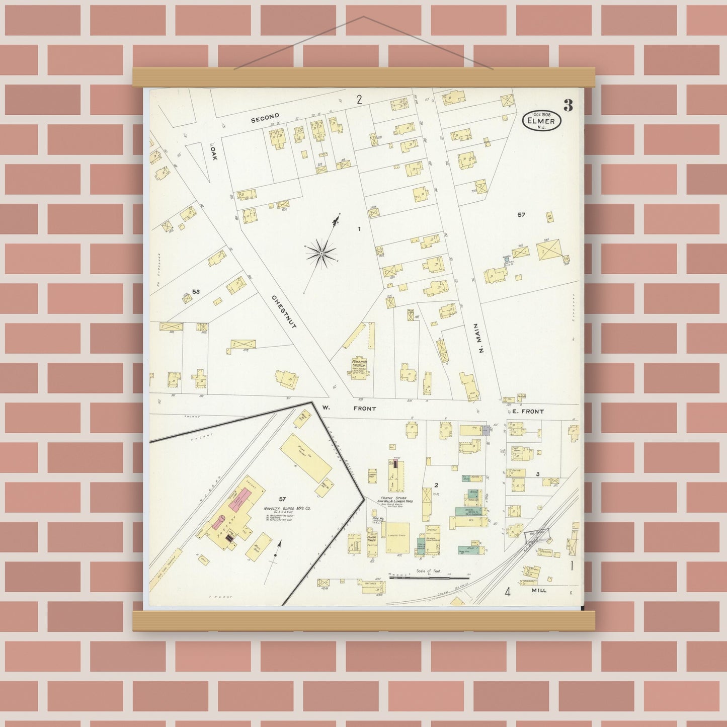 Old map wall art mockup — magnetic wood frame on brick wall — Sanborn Fire Insurance Map from Elmer, Salem County, New Jersey (1908), Sheet #0003