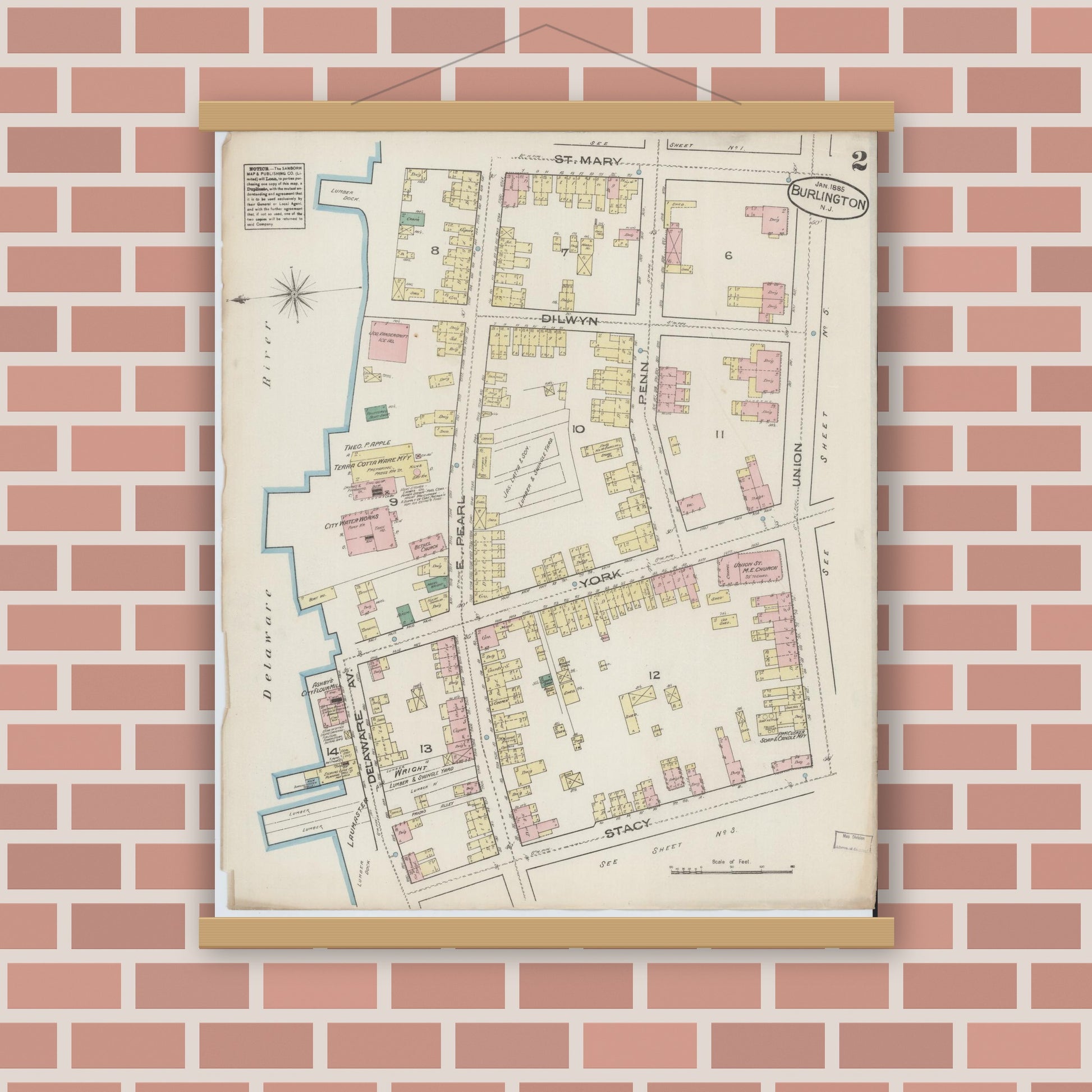 Old map wall art mockup — magnetic wood frame on brick wall — Sanborn Fire Insurance Map from Burlington, Burlington County, New Jersey (1885) - Complete Map Set