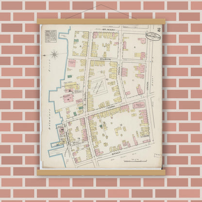 Old map wall art mockup — magnetic wood frame on brick wall — Sanborn Fire Insurance Map from Burlington, Burlington County, New Jersey (1885) - Complete Map Set