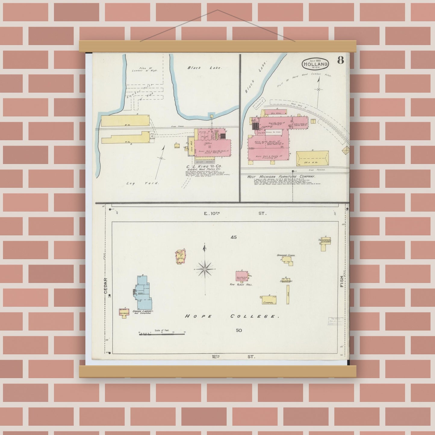 Old map wall art mockup — magnetic wood frame on brick wall — Sanborn Fire Insurance Map from Holland, Ottawa County, Michigan (1893), Sheet #0008