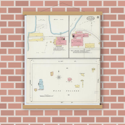 Old map wall art mockup — magnetic wood frame on brick wall — Sanborn Fire Insurance Map from Holland, Ottawa County, Michigan (1893), Sheet #0008