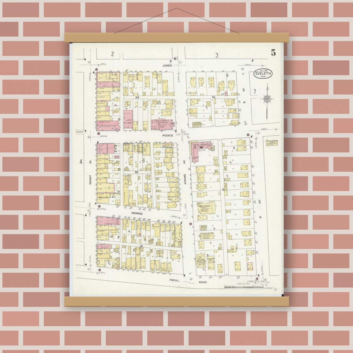 Old map wall art mockup — magnetic wood frame on brick wall — Sanborn Fire Insurance Map from Eveleth, Saint Louis County, Minnesota (1912), Sheet #0005
