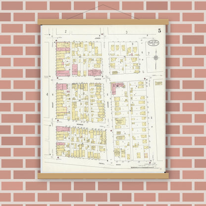 Old map wall art mockup — magnetic wood frame on brick wall — Sanborn Fire Insurance Map from Eveleth, Saint Louis County, Minnesota (1912), Sheet #0005