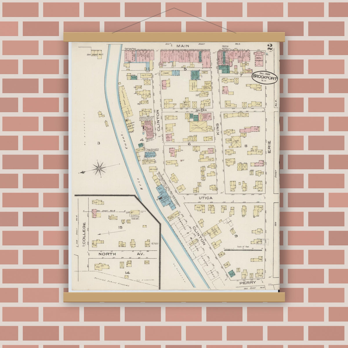 Old map wall art mockup — magnetic wood frame on brick wall — Sanborn Fire Insurance Map from Brockport, Monroe County, New York (1885) - Complete Map Set