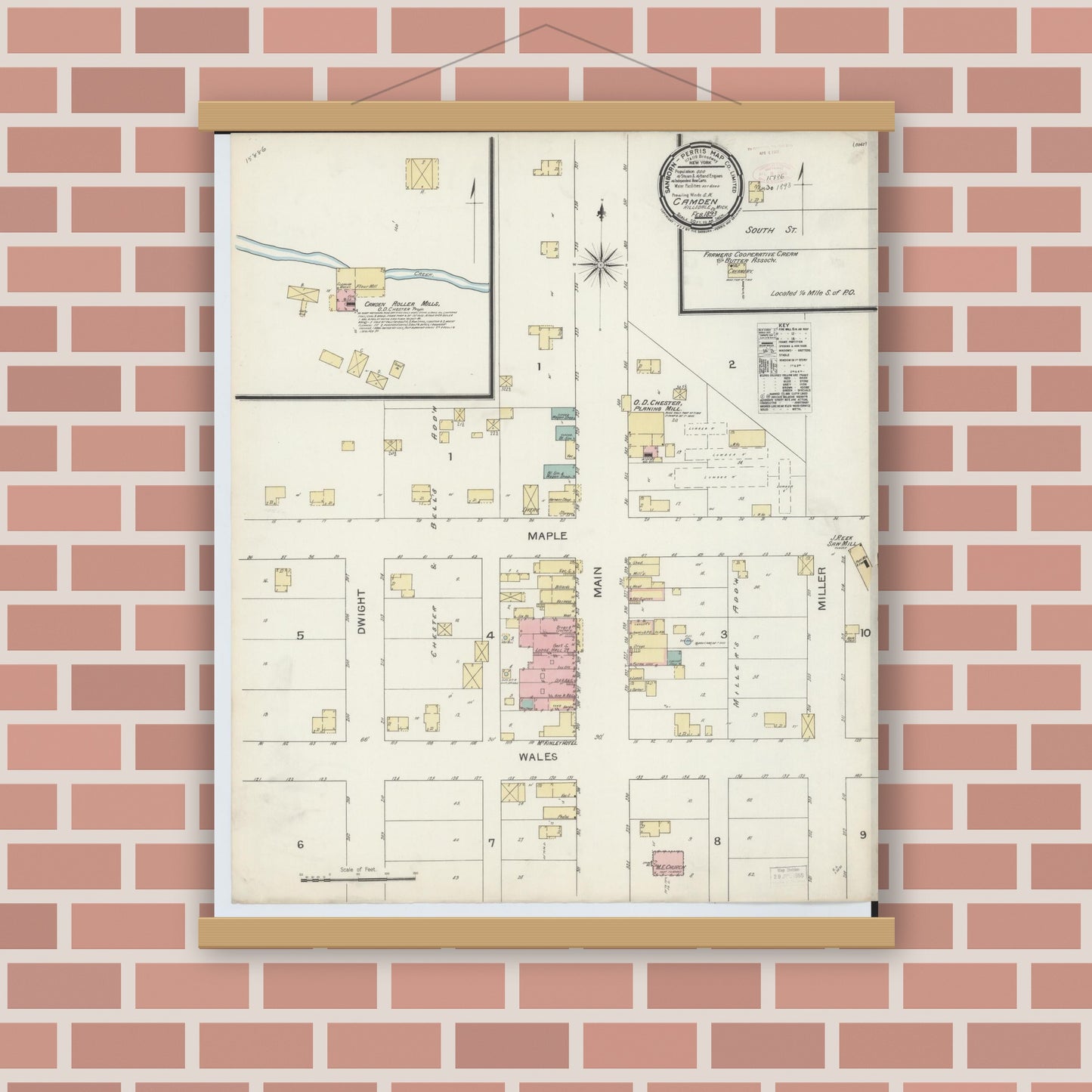 Old map wall art mockup — magnetic wood frame on brick wall — Sanborn Fire Insurance Map from Camden, Hillsdale County, Michigan (1893), Sheet #0001