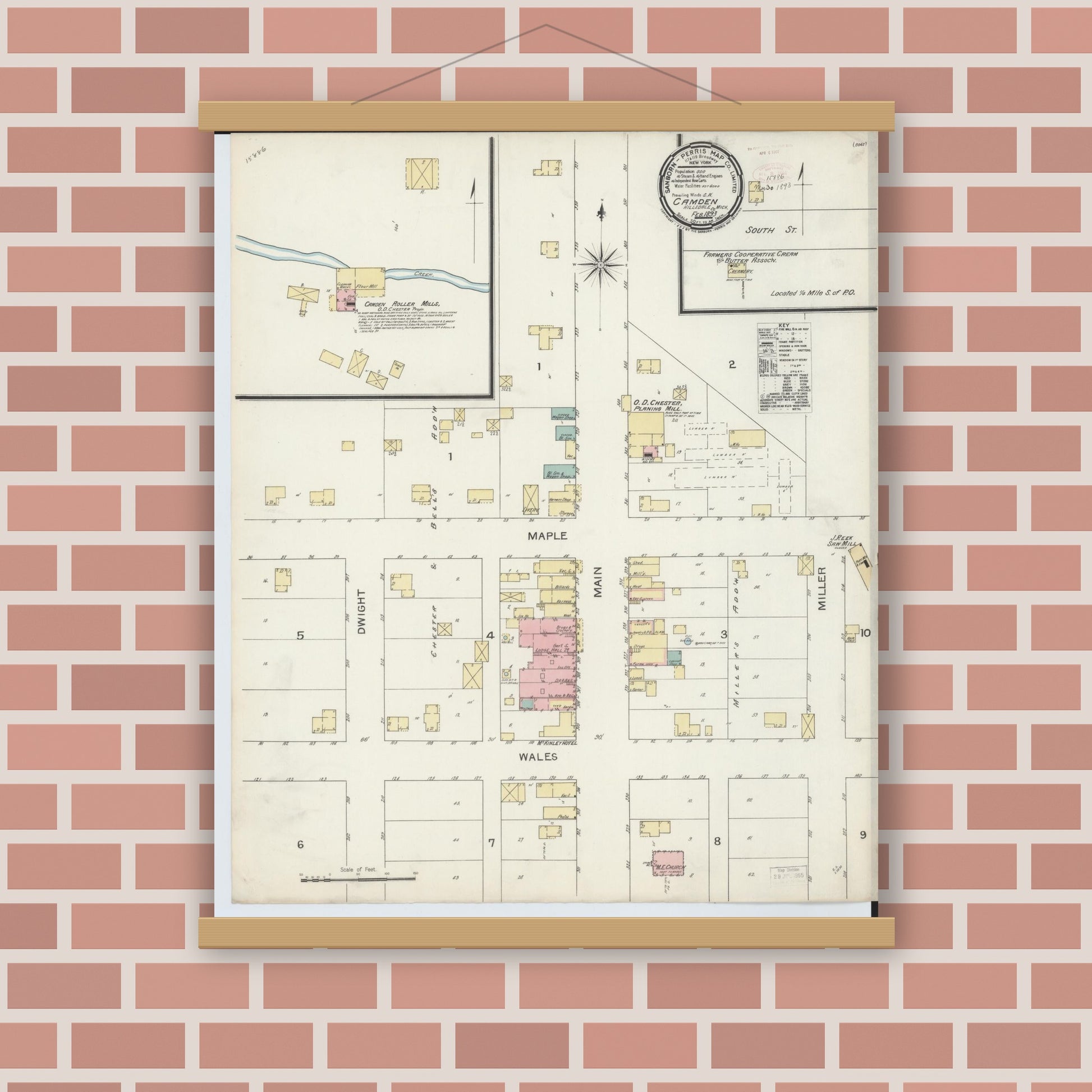 Old map wall art mockup — magnetic wood frame on brick wall — Sanborn Fire Insurance Map from Camden, Hillsdale County, Michigan (1893), Sheet #0001