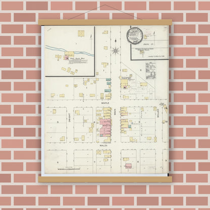Old map wall art mockup — magnetic wood frame on brick wall — Sanborn Fire Insurance Map from Camden, Hillsdale County, Michigan (1893), Sheet #0001
