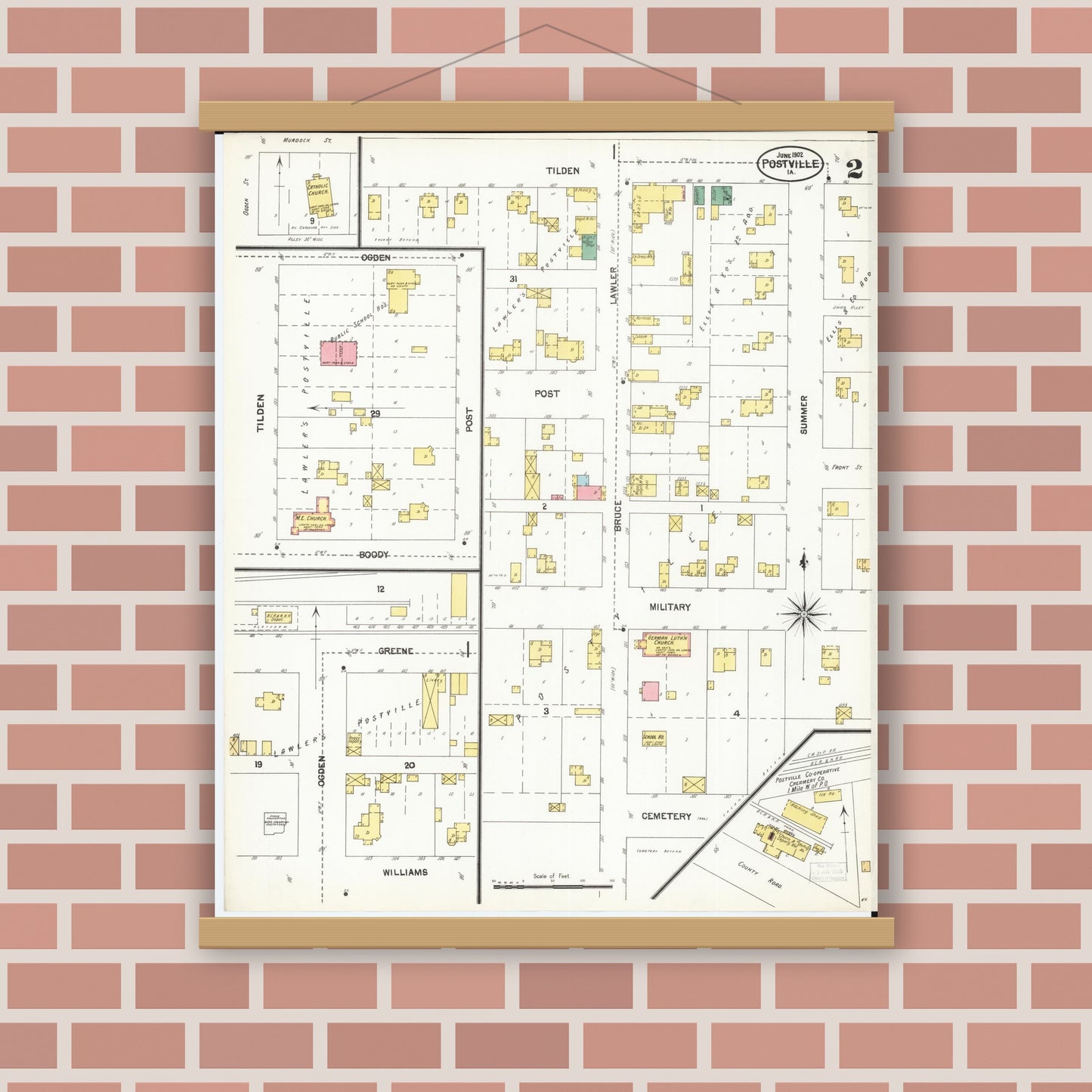Old map wall art mockup — magnetic wood frame on brick wall — Sanborn Fire Insurance Map from Postville, Allamakee County, Iowa (1902), Sheet #0002