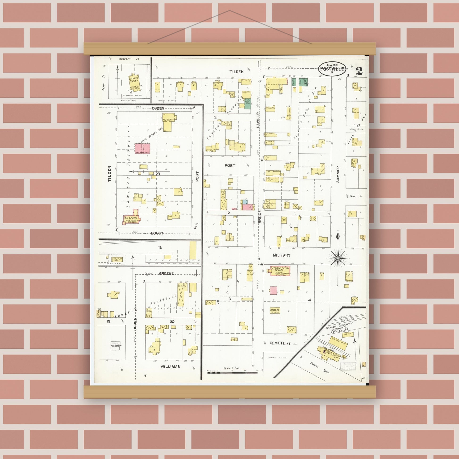 Old map wall art mockup — magnetic wood frame on brick wall — Sanborn Fire Insurance Map from Postville, Allamakee County, Iowa (1902), Sheet #0002