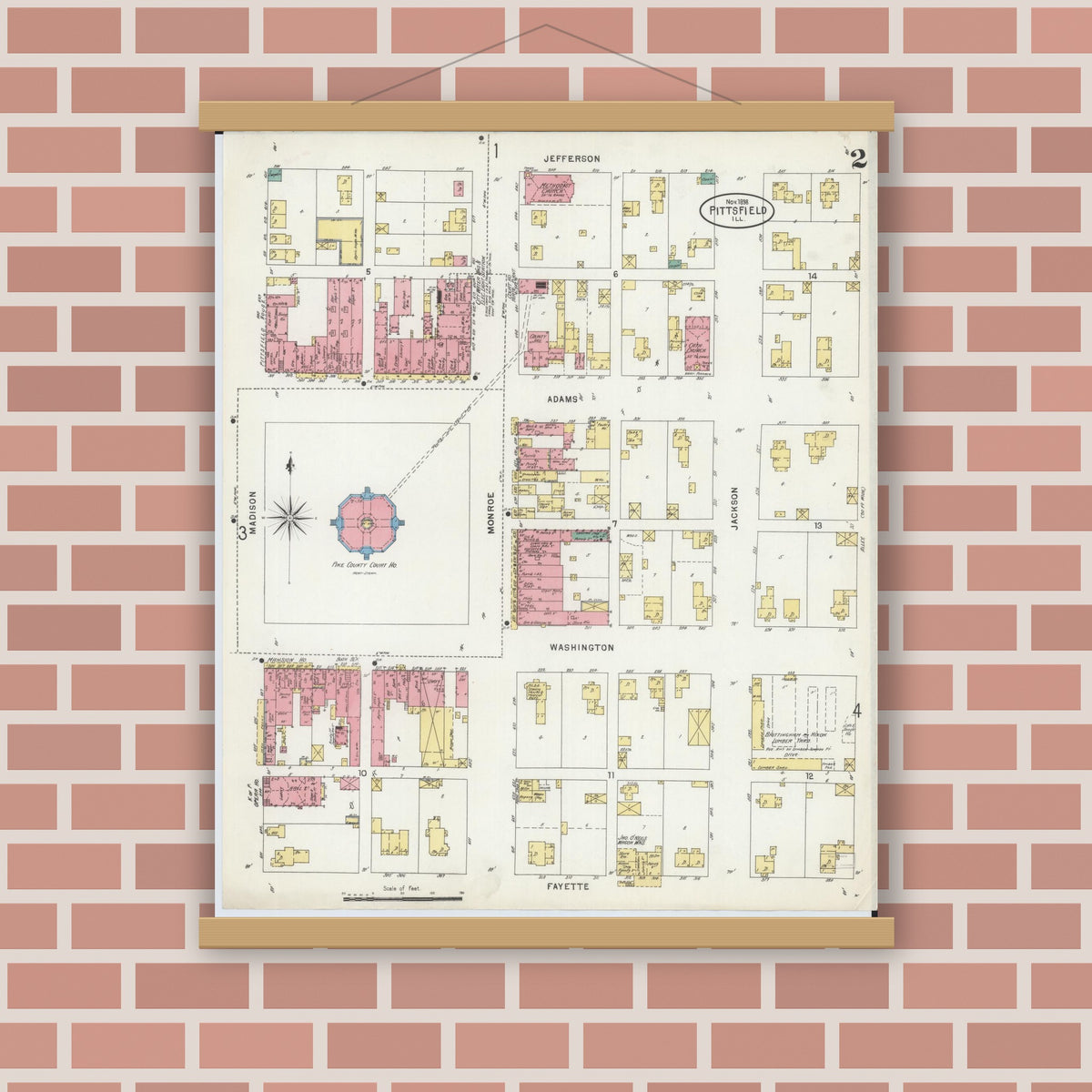 Old map wall art mockup — magnetic wood frame on brick wall — Sanborn Fire Insurance Map from Pittsfield, Pike County, Illinois (1898), Sheet #0002