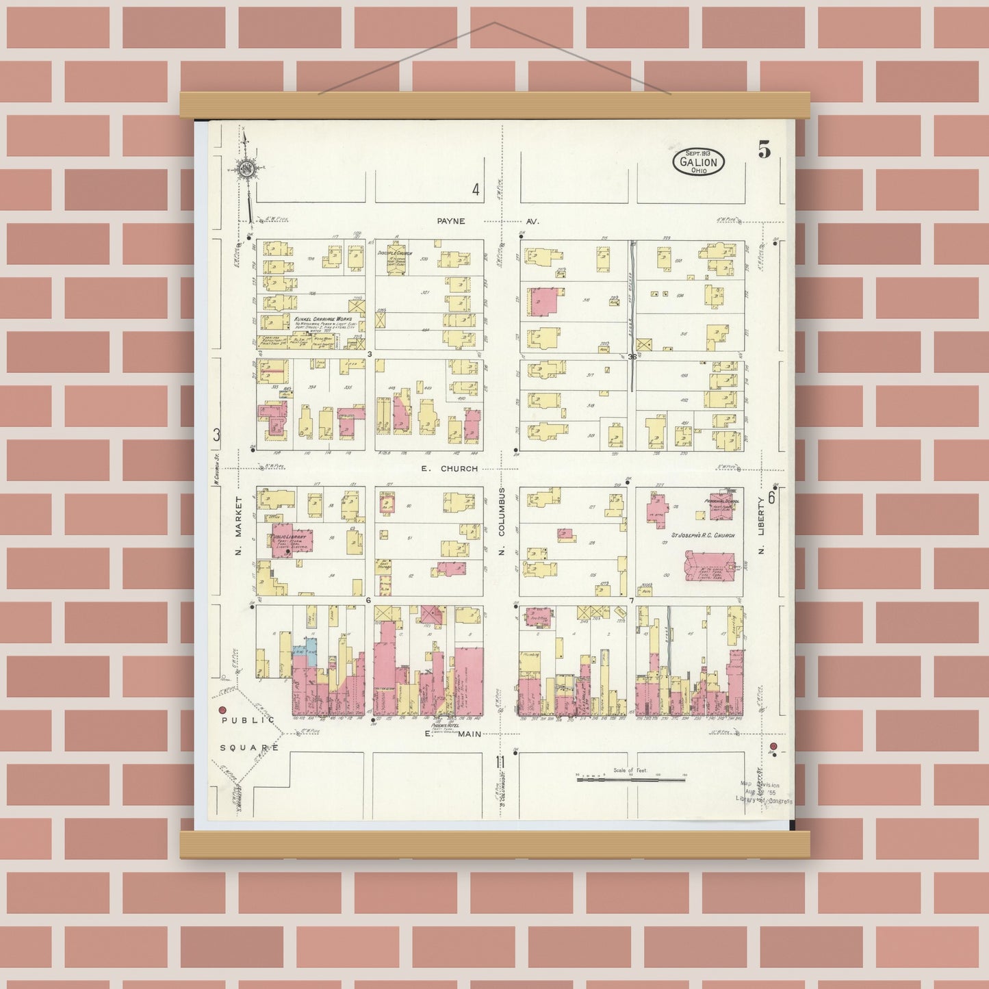 Old map wall art mockup — magnetic wood frame on brick wall — Sanborn Fire Insurance Map from Galion, Crawford County, Ohio (1913), Sheet #0005