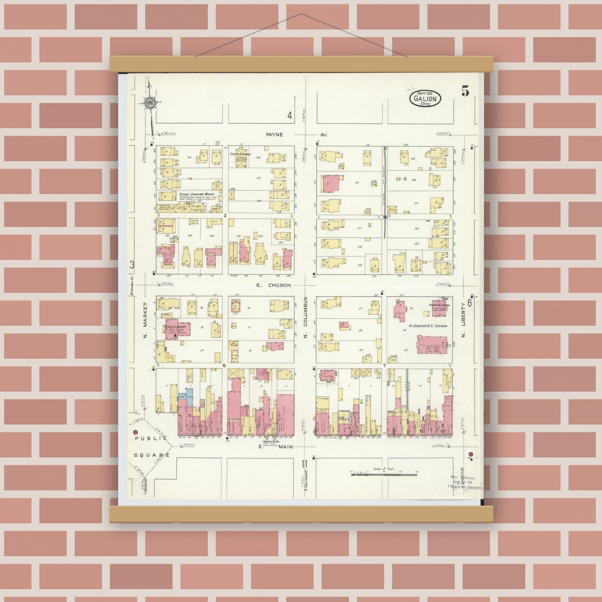 Old map wall art mockup — magnetic wood frame on brick wall — Sanborn Fire Insurance Map from Galion, Crawford County, Ohio (1913), Sheet #0005