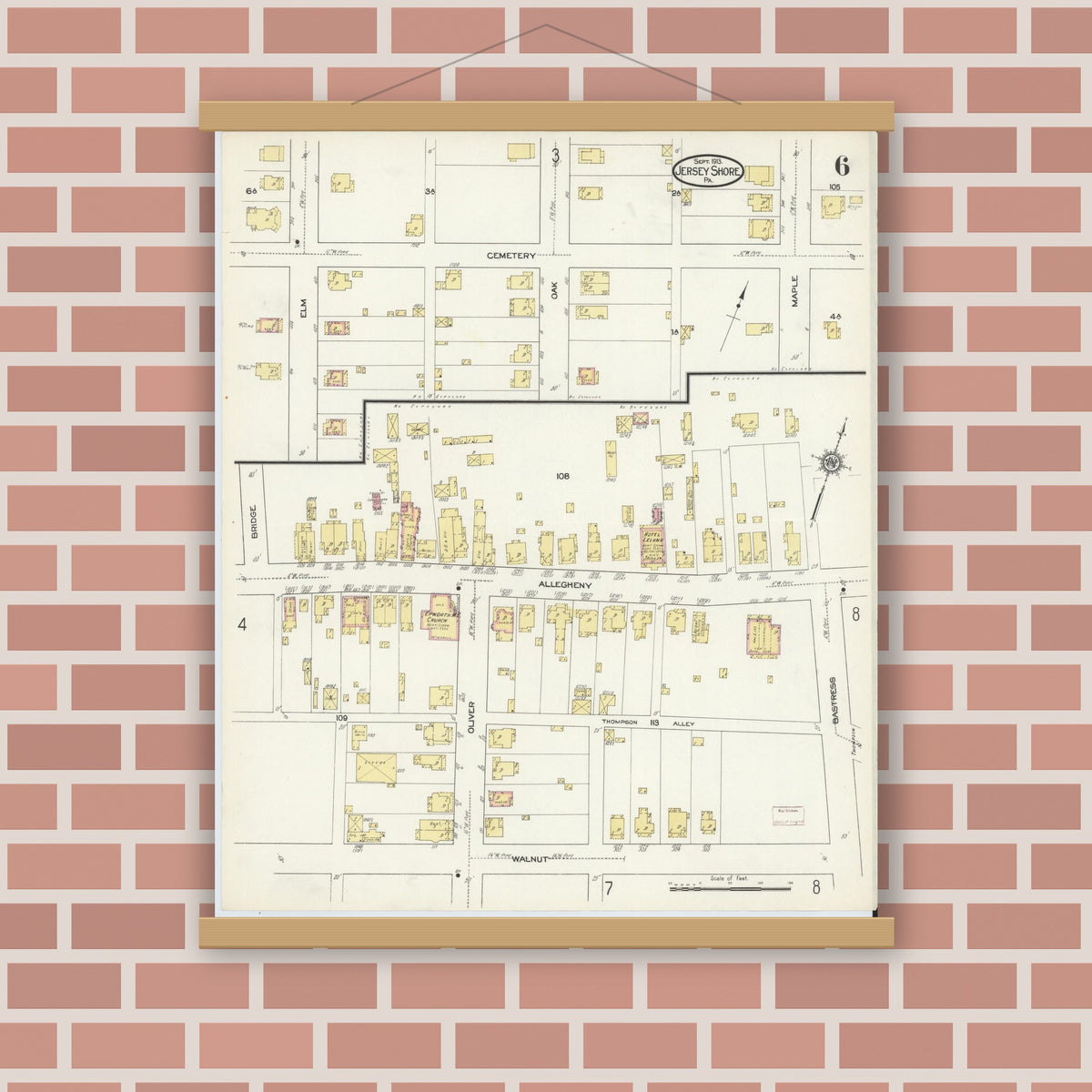 Old map wall art mockup — magnetic wood frame on brick wall — Sanborn Fire Insurance Map from Jersey Shore, Lycoming County, Pennsylvania (1913), Sheet #0006