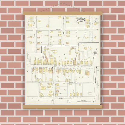 Old map wall art mockup — magnetic wood frame on brick wall — Sanborn Fire Insurance Map from Jersey Shore, Lycoming County, Pennsylvania (1913), Sheet #0006