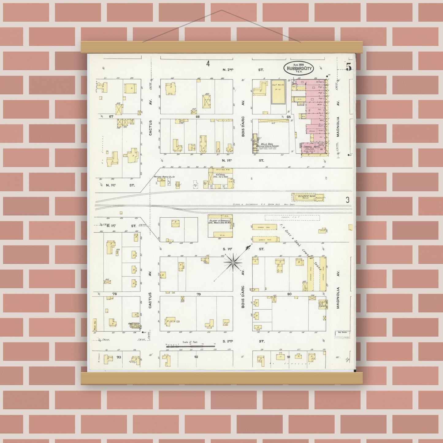 Old map wall art mockup — magnetic wood frame on brick wall — Sanborn Fire Insurance Map from Hubbard, Hill County, Texas (1909), Sheet #0005