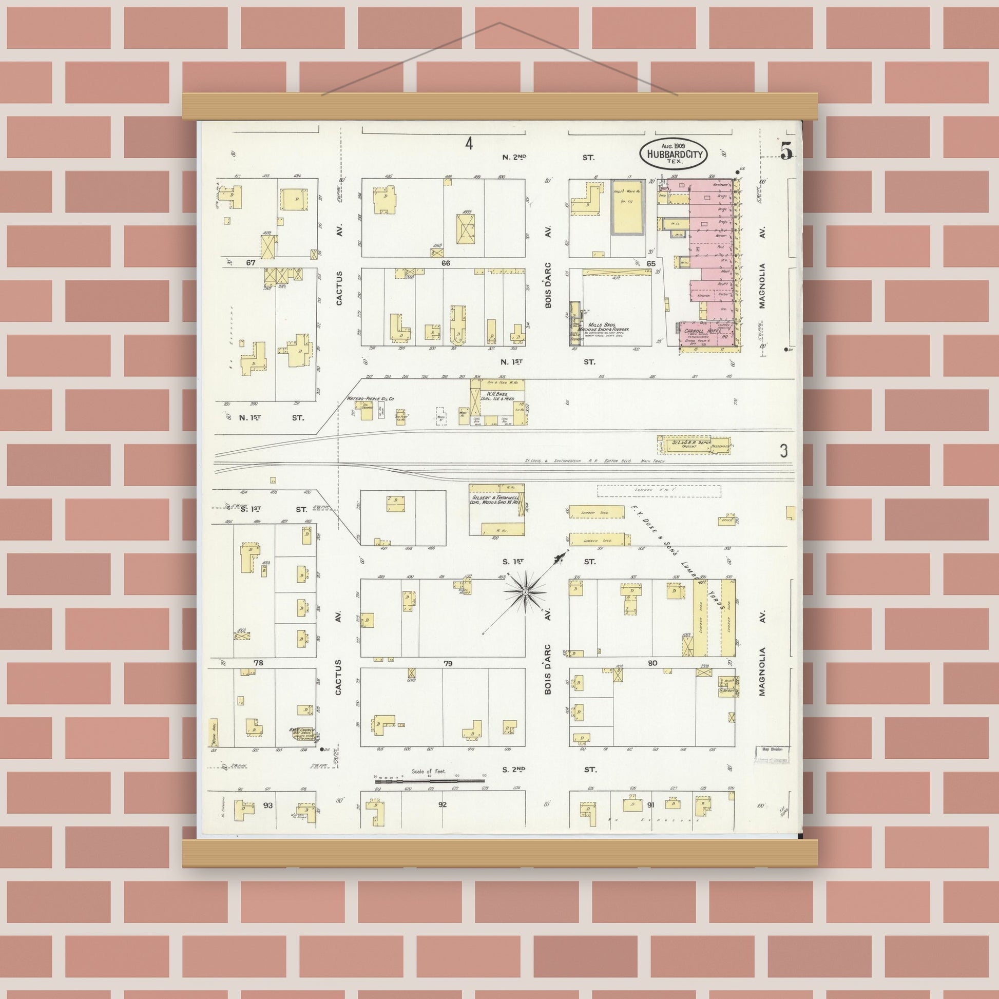 Old map wall art mockup — magnetic wood frame on brick wall — Sanborn Fire Insurance Map from Hubbard, Hill County, Texas (1909), Sheet #0005