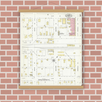 Old map wall art mockup — magnetic wood frame on brick wall — Sanborn Fire Insurance Map from Hubbard, Hill County, Texas (1909), Sheet #0005