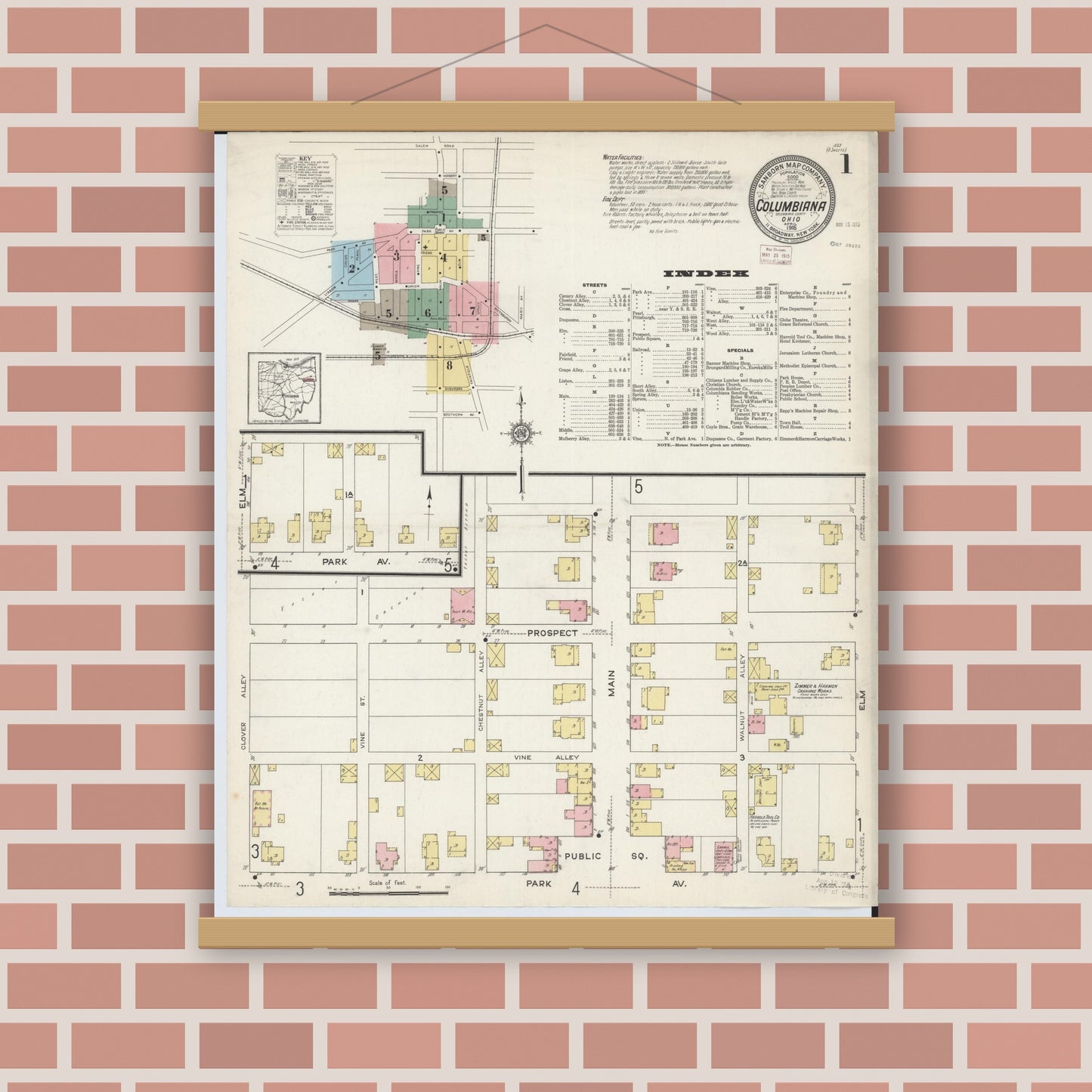 Old map wall art mockup — magnetic wood frame on brick wall — Sanborn Fire Insurance Map from Columbiana, Columbiana County, Ohio (1915), Sheet #0001