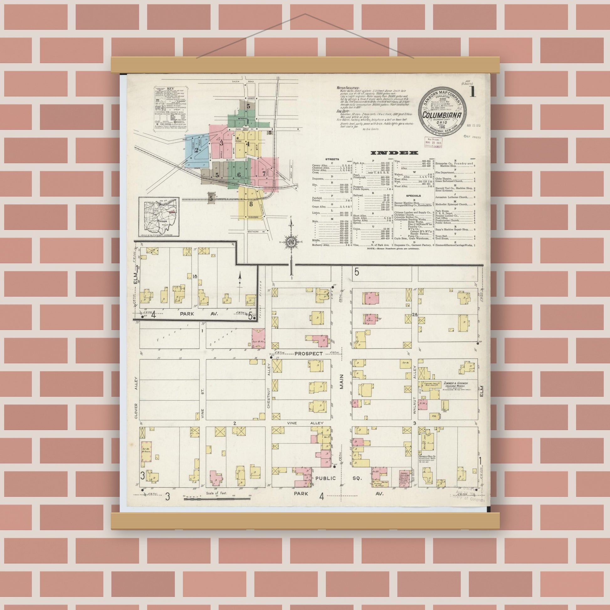 Old map wall art mockup — magnetic wood frame on brick wall — Sanborn Fire Insurance Map from Columbiana, Columbiana County, Ohio (1915), Sheet #0001