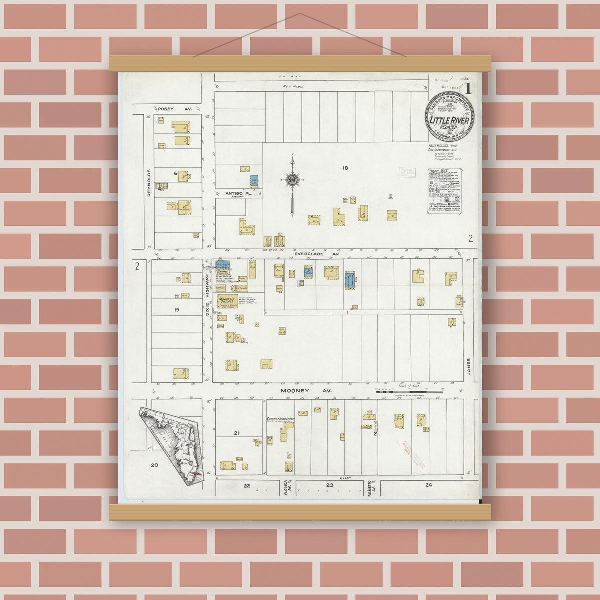Old map wall art mockup — magnetic wood frame on brick wall — Sanborn Fire Insurance Map from Little River, Dade County, Florida (1921), Sheet #0001