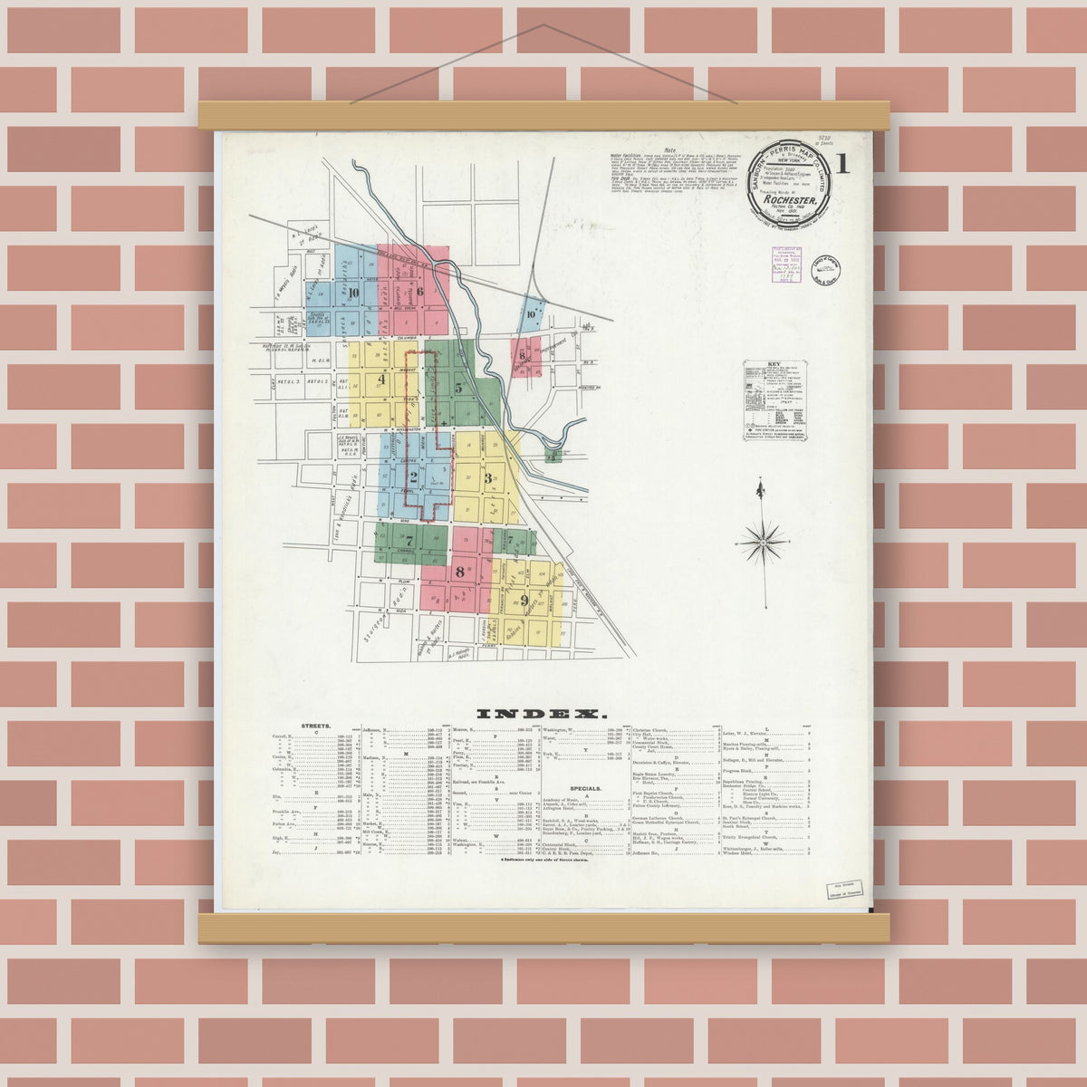 Old map wall art mockup — magnetic wood frame on brick wall — Sanborn Fire Insurance Map from Rochester, Fulton County, Indiana (1901) - Complete Map Set